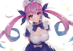  anchor_hat_ornament anchor_symbol arms_behind_back blue_bow blue_dress blue_hair blue_ribbon blush bow braid breasts cleavage closed_mouth curly_hair dress female hair_ribbon hat_ornament hololive large_breasts long_hair looking_at_viewer maid maid_headdress minato_aqua minato_aqua_(1st_costume) muco_lita multicolored_hair pink_hair purple_eyes ribbon short_sleeves simple_background smile solo streaked_hair twin_braids twintails two-tone_hair virtual_youtuber white_background white_bow white_headdress 