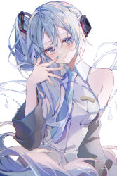  absurdres aqua_eyes aqua_hair aqua_nails aqua_necktie aqua_trim bare_shoulders black_headphones black_sleeves breasts collared_shirt commentary_request detached_sleeves female grey_shirt hair_between_eyes hand_up hatsune_miku hatsune_miku_(noodle_stopper) headphones headset highres long_hair looking_at_viewer medium_breasts meme nagihaha necktie noodle_stopper shirt side_ponytail sidetail_miku_noodle_stopper_(meme) simple_background sleeveless sleeveless_shirt smile solo very_long_hair vocaloid white_background 