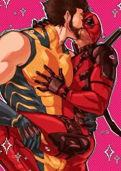  2boys absurdres ass beard belt blush bodysuit brown_hair bulge closed_eyes deadpool deadpool_&amp;_wolverine deadpool_(series) erection erection_under_clothes facial_hair gloves hashtag-only_commentary highres katana kissing leg_grab male_focus marvel marvel_cinematic_universe mask mask_lift mature_male multiple_boys muscular pectoral_grab red_bodysuit sleeveless smiling_face_with_heart-shaped_eyes_emoji sword sword_behind_back two-tone_bodysuit vanreito weapon wolverine_(x-men) x-men yaoi yellow_bodysuit 