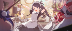  5girls absurdres animal_ear_headphones animal_ears apron aris_(blue_archive) aris_(maid)_(blue_archive) ass backless_leotard black_dress black_hair blonde_hair blue_archive blue_eyes blue_halo blue_leotard blue_ribbon blurry blurry_foreground blush bright_pupils broom bucket cat_ear_headphones chinese_commentary cleaning_rag closed_eyes collared_dress commentary_request dress fake_animal_ears floating_hair frilled_apron frills game_development_department_(blue_archive) green_eyes green_halo halo headphones highres holding holding_broom holding_tray indoors leotard long_hair long_sleeves looking_at_viewer maid maid_apron maid_headdress midori_(blue_archive) midori_(maid)_(blue_archive) momoi_(blue_archive) momoi_(maid)_(blue_archive) multiple_girls neck_ribbon official_alternate_costume open_mouth outstretched_arms pink_eyes pink_halo ponytail puffy_long_sleeves puffy_short_sleeves puffy_sleeves rabbit_tail rectangular_halo red_hair red_halo ribbon senshu short_sleeves smile solo_focus spread_arms tail toki_(blue_archive) toki_(bunny)_(blue_archive) tray very_long_hair water white_apron white_pupils white_wrist_cuffs wrist_cuffs yuzu_(blue_archive) yuzu_(maid)_(blue_archive) 