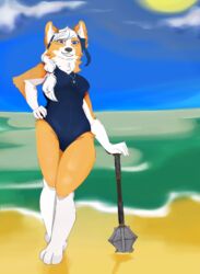  absurd_res accessory anthro beach blue_clothing breasts canid canine canis clothing domestic_dog female fur hair hand_on_hip headband herding_dog hi_res jewelry mace mammal melee_weapon neck_tuft necklace one-piece_swimsuit pastoral_dog ponytail ponytail_over_shoulder pose short smile smiling_at_viewer solo star swimwear teysa_(golddrake) tuft weapon welsh_corgi white_body white_fur white_hair wimblyskrimbly yellow_body yellow_fur 