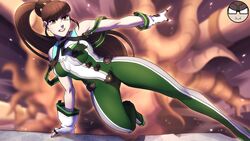  alejandro_pupo ass black_hair blunt_bangs bodysuit breasts brown_eyes clenched_teeth dynamic_pose eve_(stellar_blade) female gloves green_bodysuit large_breasts long_hair looking_at_viewer planet_diving_suit_(7th)_(stellar_blade) ponytail serious silver_bodysuit solo stellar_blade teeth thighs very_long_hair white_gloves 