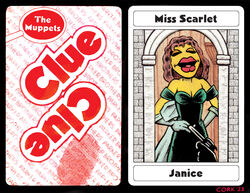  2023 4_fingers armwear black_border border breasts brown_hair bruce_mccorkindale card cleavage closed_eyes clothed clothing clue_(film) cluedo crossover dress elbow_gloves english_text eyelashes female femme_fatale fingerprint fingers gloves green_clothing green_dress green_gloves green_handwear gun hair handgun handwear hasbro humanoid janice_(muppets) lips magnifying_glass mansion miss_scarlet muppet muppets noseless orange_eyeshadow parody playing_card ranged_weapon revolver shoulderless_dress signature silhouette solo tabletop_game text the_muppet_show thick_eyelashes thick_lips weapon window yellow_body 