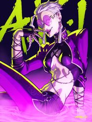  a.k.i._(street_fighter) abs arm_support asymmetrical_hair bracelet breasts claw_(weapon) cleavage crop_top dkirbyj earrings female finger_to_mouth glasses hair_slicked_back highres jewelry looking_at_viewer multiple_bracelets official_alternate_costume official_alternate_hairstyle opaque_glasses open_mouth pale_skin partially_opaque_glasses partially_submerged purple-tinted_eyewear red_lips round_eyewear shrug_(clothing) sidecut sitting smile solo street_fighter street_fighter_6 sunglasses tassel tassel_earrings tinted_eyewear toned undercut weapon 