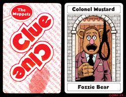  2023 4_fingers anthro bear big_nose black_border border brown_body brown_facial_hair brown_fur brown_mustache bruce_mccorkindale card clothing clue_(film) cluedo colonel_mustard crossover english_text eyebrows facial_hair fingerprint fingers fozzie_bear fur hasbro jacket looking_at_viewer magnifying_glass male mammal mansion moustache muppet muppets necktie noose parody pink_nose playing_card rope shirt signature silhouette solo tabletop_game text the_muppet_show thick_eyebrows topwear white_clothing white_shirt white_topwear window 