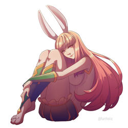  1:1 afk_arena afk_journey digital_drawing_(artwork) digital_media_(artwork) digital_painting_(artwork) female furrholic hair hugging_legs humanoid knees_together lagomorph lilith_games looking_at_viewer lyca_(afk_arena) mammal rabbit_ears red_eyes red_hair smile smiling_at_viewer solo 