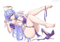  absurdres adapted_costume aqua_eyes asagiri_ai bare_legs bare_shoulders barefoot blue_hair breasts commentary_request detached_sleeves feet female hands_up head_wings high_heels highres honkai:_star_rail honkai_(series) large_breasts leotard long_hair looking_at_viewer purple_footwear purple_leotard robin_(honkai:_star_rail) short_sleeves simple_background smile solo thigh_strap thighs two-tone_leotard very_long_hair white_background white_leotard wings 