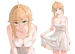  aged_up ahoge babywipes breasts commentary cowboy_shot dress english_commentary female green_eyes highres large_breasts leaning_forward looking_at_viewer multiple_views mushoku_tensei norn_greyrat sidelocks simple_background skirt_hold smile spaghetti_strap thighs upper_body white_background white_dress 