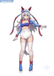  adapted_costume animal_ears apron bandeau blue_bandeau blue_eyes blue_footwear breasts character_name commentary_request detached_sleeves ear_covers ear_ornament female fingerless_gloves frills full_body ge_(zmq67911029) gloves grey_hair hair_between_eyes hair_ornament high_heels horse_ears horse_girl horse_tail juliet_sleeves long_hair long_sleeves maid maid_headdress puffy_sleeves signature small_breasts solo standing tail tamamo_cross_(umamusume) umamusume unconventional_maid v-shaped_eyebrows very_long_hair white_apron white_gloves 