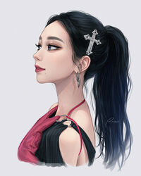  aespa black_hair blue_eyes cropped_torso cross earrings female grey_background hair_ornament highres jewelry k-pop karina_(aespa) latin_cross lips long_hair mole mole_under_mouth ponytail portrait real_life red_lips solo umigraphics 