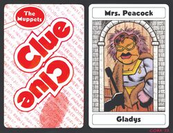  2023 black_border border breasts brown_hair bruce_mccorkindale card cleavage clothed clothing clue_(film) cluedo crossover dress english_text eyewear female fingerprint fur gladys_(muppets) glasses hair hasbro humanoid lead_pipe lips magnifying_glass mansion mrs._peacock muppet muppets noseless orange_body orange_skin parody playing_card signature silhouette solo tabletop_game text the_muppet_show thick_lips window 