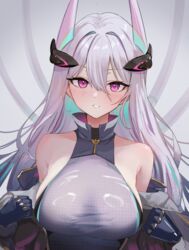  absurdres aqua_hair aqua_pupils azur_lane bare_shoulders black_gloves breasts commentary female gloves hair_between_eyes headgear highres jesh_art kearsarge_(azur_lane) large_breasts leotard long_hair looking_at_viewer multicolored_hair off_shoulder parted_lips purple_eyes sidelocks solo standing taut_leotard two-tone_hair upper_body very_long_hair white_hair white_leotard 