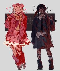  2girls addams_family animal_ears animal_hood bear_ears bear_hood black_footwear black_hair black_necktie blonde_hair blood blood_in_hair blood_on_clothes blood_on_face blood_on_hands blood_on_weapon braid closed_eyes collared_shirt danisxb_mchy dark-skinned_female dark_skin english_text enid_sinclair facial_mark freckles full_body heart highres holding holding_weapon hood multiple_girls necktie pink_footwear shirt short_hair simple_background skirt smile twin_braids v weapon wednesday_(netflix) wednesday_addams whisker_markings yuri 