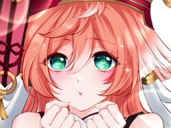  bare_shoulders blush close-up commentary female genshin_impact green_eyes hair_between_eyes hands_up hat long_hair lovesaran99 pink_hair portrait red_hat solo yanfei_(genshin_impact) 