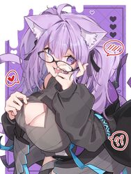  ? ?? @_@ animal_ear_fluff animal_ears bandaid bandaids_on_nipples black-framed_eyewear black_jacket black_shirt blush breasts cat_ears cat_girl cat_tail cleavage female glasses heart highres hololive jacket jknor long_hair nekomata_okayu nekomata_okayu_(8th_costume) official_alternate_costume pasties purple_background purple_eyes purple_hair purple_tail purple_theme shirt sleeveless sleeveless_shirt solo spoken_heart tail twintails virtual_youtuber 