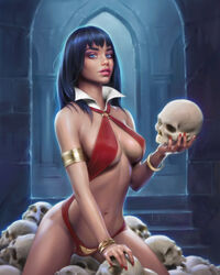  absurdres armlet black_hair blue_eyes bracelet breasts commentary female highres holding holding_skull jewelry large_breasts navel o-ring o-ring_dress parted_lips red_nails signature skull slingshot_dress solo vampirella vampirella_(character) will_jack 