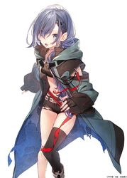  absurdres arm_cutout black_bra black_gloves black_shorts black_thighhighs blue_eyes blue_hair bra braid coat eyes_visible_through_hair female fingerless_gloves gloves hair_between_eyes highres isekai_de_cheat_nouryoku_o_te_ni_shita_ore_wa_genjitsu_sekai_o_mo_musou_suru kuwashima_rein long_hair long_sleeves looking_at_viewer luna_(iseleve) midriff navel official_art open_clothes open_coat open_mouth short_shorts shorts simple_background single_braid single_thighhigh solo standing stomach thighhighs torn_clothes torn_shorts underwear very_long_hair white_background 