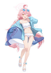  absurdres ahoge bikini bikini_bralette blue_archive blue_jacket blush breasts collarbone eyewear_on_head female frilled_bikini frills full_body hair_between_eyes hair_bobbles hair_ornament halo highres hoshino_(blue_archive) hoshino_(swimsuit)_(blue_archive) inflatable_toy inflatable_whale jacket long_hair long_sleeves low_twintails midori_xu navel oerba_yun_fang official_alternate_costume one_eye_closed open_clothes open_jacket open_mouth pink_hair pink_halo sandals simple_background small_breasts smile solo sunglasses swimsuit tankini twintails white_background white_bikini yellow_eyes 