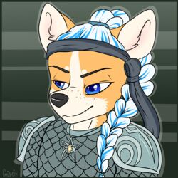  1:1 absurd_res accessory anthro armor blue_highlights braided_hair braided_ponytail bust_portrait canid canine canis cleric dingoed domestic_dog female fur hair headband herding_dog hi_res highlights_(coloring) jewelry mammal necklace pastoral_dog ponytail ponytail_over_shoulder portrait scalemail shoulder_pads smug solo star teysa_(golddrake) tomboy welsh_corgi white_hair yellow_body yellow_fur 