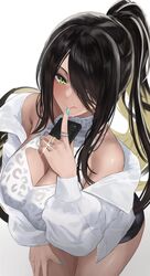  absurdres azur_lane bare_shoulders black_hair blush breasts cellphone chiyu1182 cleavage female green_eyes highres jacket jewelry large_breasts licking_lips long_hair long_sleeves northampton_(azur_lane) northampton_ii_(azur_lane) phone ring smile solo thighs tongue tongue_out 