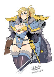  adeptus_astartes animal_skull armor axe blonde_hair blue_eyes boobplate braid breasts cape chain_necklace chains cleavage_cutout closed_mouth clothing_cutout commentary cup english_commentary fang_out female full_armor full_body fur_cape fur_trim gauntlets genderswap_(mtf) hair_pulled_back highres hip_vent holding jewelry large_breasts leman_russ long_hair looking_at_viewer mjalnar navel navel_cutout necklace oerba_yun_fang pauldrons pelt pendant ponytail power_armor primarch rule_63 ryuusei_(mark_ii) scar scar_across_eye scar_on_face shoulder_armor side_braids solo space_wolves spiked_armor sword tankard thighhighs warhammer_40k weapon white_background wide_hips wolf_pelt 