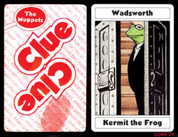  2023 amphibian anthro black_border black_clothing black_suit border bruce_mccorkindale butler card clothing clue_(film) cluedo crossover door doorway english_text fingerprint frog green_body green_skin hasbro kermit_the_frog looking_at_viewer magnifying_glass male mansion muppet muppets necktie noseless parody playing_card shirt signature solo stairs suit tabletop_game text the_muppet_show topwear wadsworth_(clue) white_clothing white_shirt white_topwear window 