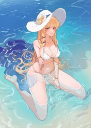  absurdres angelica_(brown_dust) arm_under_breasts bikini blonde_hair bracelet breasts brown_dust_2 closed_mouth english_commentary eyebrows_hidden_by_hair female flower full_body groin hat hat_flower highres in_water jewelry large_breasts light_blush long_hair looking_at_viewer melloow navel ocean red_eyes sitting soles solo stomach sun_hat swimsuit toes very_long_hair wariza wet wet_clothes wet_hair white_bikini white_hat 