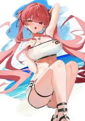  absurdres bare_shoulders beach bikini bikini_under_clothes blush breasts cleavage female heterochromia highres hololive houshou_marine houshou_marine_(summer) jewelry large_breasts long_hair looking_at_viewer necklace official_alternate_costume open_mouth red_eyes red_hair sandals short_shorts shorts solo strapless swimsuit thigh_strap tube_top twintails very_long_hair virtual_youtuber white_shorts yellow_eyes yuzuyukiha 