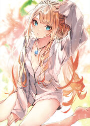  absurdres arm_up bare_legs barefoot between_legs blonde_hair blue_eyes blurry blurry_background breasts cardigan cleavage collarbone commentary_request female hand_between_legs highres isekai_de_cheat_nouryoku_o_te_ni_shita_ore_wa_genjitsu_sekai_o_mo_musou_suru jewelry kuwashima_rein lexia_von_arselia long_hair long_sleeves looking_at_viewer naked_cardigan official_art open_cardigan open_clothes parted_lips pendant sitting sleeves_past_wrists small_breasts solo very_long_hair white_cardigan 