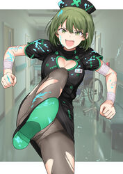  bandaged_arm bandages bandaid bandaid_on_arm bench black_dress blush border breasts character_name cleavage cleavage_cutout clenched_hands clothing_cutout door dress female green_eyes green_footwear green_hair green_trim grey_pantyhose gusset hat heart_cutout highres hospital idolmaster idolmaster_shiny_colors indoors kicking looking_at_viewer medium_breasts miniskirt name_tag nanakusa_nichika nurse nurse_cap open_mouth outside_border paint_in_hair paint_on_body paint_on_clothes paint_splatter paint_splatter_on_face panties panties_under_pantyhose pantyhose pantyshot shoe_soles shoes short_hair short_sleeves skirt solo standing standing_on_one_leg torn_clothes torn_pantyhose tsurui underwear v-shaped_eyebrows wheelchair white_border 