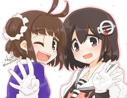  2girls :d ;d antenna_hair black_hair black_neckerchief blush brown_eyes brown_hair commentary_request cosplay costume_switch eyebrows gloves haguro_(kancolle) haguro_kai_ni_(kancolle) haguro_kai_ni_(kancolle)_(cosplay) hair_between_eyes hair_bun hair_ornament kantai_collection looking_at_viewer multiple_girls naka_(kancolle) naka_kai_ni_(kancolle) naka_kai_ni_(kancolle)_(cosplay) neckerchief one_eye_closed open_mouth outline pink_outline red_ribbon ribbon rikuo_(whace) sailor_collar school_uniform scrunchie serafuku short_hair signature simple_background single_hair_bun smile tareme teeth twitter_username upper_body white_background white_gloves white_sailor_collar white_scrunchie 