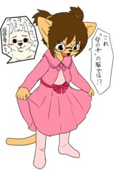  2016 anthro blush canid canine clothed clothing crossdressing dialogue digital_media_(artwork) dress duo eyewear felid flat_colors glasses japanese_text lolicon male male_(lore) mammal manmosu_marimo open_mouth shota_feline_(marimo) simple_background smile standing text translated white_background white_canine_(marimo) young young_anthro 