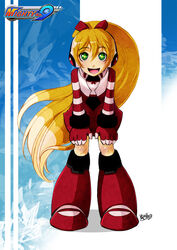  blonde_hair boots call_(mighty_no._9) call_f commentary_request copyright_name dress female green_eyes hands_on_own_thighs khaliqa_bell knee_boots leaning_forward long_hair mighty_no._9 multicolored_eyes photoshop_(medium) ponytail robot robot_ears signature smile solo striped_sleeves very_long_hair 