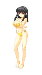  :o bare_legs bare_shoulders barefoot beatmania_iidx bikini black_hair breast_hold breasts cleavage collarbone crossed_arms expressionless facial_mark female full_body halterneck heel_up highres hinazuki_ririna kinoshita_ichi looking_at_viewer medium_breasts navel red_eyes side-tie_bikini_bottom solo standing swimsuit white_background 