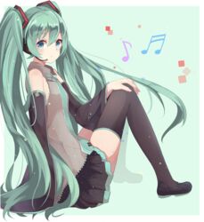  aqua_eyes aqua_hair beamed_sixteenth_notes black_thighhighs blush commentary_request detached_sleeves eighth_note female full_body hand_on_own_knee hatsune_miku headset huuyu_1z long_hair looking_at_viewer musical_note necktie open_mouth shoes simple_background skirt solo thighhighs twintails very_long_hair vocaloid 