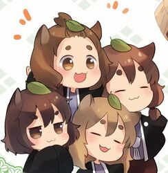  4girls :3 animal_ears black_jacket brown_eyes brown_hair chibi closed_eyes commentary_request extra freckled_tanuki jacket japanese_clothes jitome light_brown_hair medium_hair multiple_girls open_mouth own_hands_together pigtailed_tanuki raccoon_ears sen1986 short_hair short_twintails slit-eyed_tanuki tanuki_mob_(touhou) thick_eyebrows topknot topknot_tanuki touhou twintails wild_and_horned_hermit 