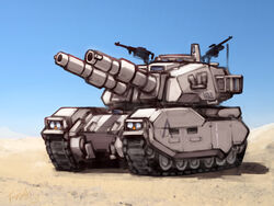  caterpillar_tracks chibi chinese_commentary commentary_request desert earth_federation gun gundam gundam_ms_igloo langbazi machine_gun military military_vehicle motor_vehicle no_humans photoshop_(medium) sky tank traditional_media type_61_(gundam) vehicle_focus weapon 