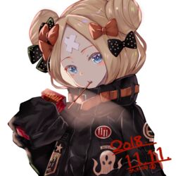  abigail_williams_(fate) abigail_williams_(traveling_outfit)_(fate) bad_id bad_pixiv_id black_bow black_jacket blonde_hair blue_eyes blush bow commentary_request dated fate/grand_order fate_(series) female food food_in_mouth hair_bun hairbow head_tilt jacket long_hair long_sleeves looking_at_viewer mouth_hold natsujiru official_alternate_costume orange_bow parted_bangs parted_lips pocky pocky_day polka_dot polka_dot_bow single_hair_bun sleeves_past_fingers sleeves_past_wrists solo star_(symbol) teeth transparent_background upper_body upper_teeth_only 