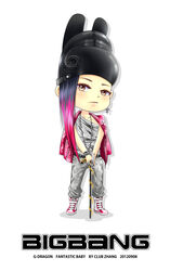  1boy asymmetrical_hair bandage bigbang chibi copyright_name earrings g-dragon hat ikseongwan jacket_on_shoulders jewelry k-pop male male_focus multicolored_hair side_shave solo standing 