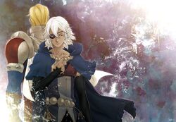  2boys arthur_(fire_emblem_fates) artist_name back blonde_hair blue_eyes cape commentary_request eyepatch fire_emblem fire_emblem_fates highres multiple_boys niles_(fire_emblem) shima_deadstock white_hair 