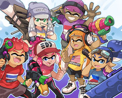  3boys 3girls baseball_cap beanie black_pants black_shorts blue_eyes blue_hair blue_shirt blunt_bangs bruneian_flag clenched_hand closed_eyes closed_mouth commentary commission cross-laced_footwear dark-skinned_female dark-skinned_male dark_skin dual_wielding e-liter_3k_(splatoon) english_commentary english_text fangs goggles goggles_on_head gomipomi green_eyes grey_hair grey_hat grey_shirt grin hair_pulled_back hair_slicked_back hat headgear headphones holding holding_weapon indonesian_flag inkling inkling_(language) inkling_boy inkling_girl inkling_player_character log long_hair looking_at_viewer malaysian_flag multiple_boys multiple_girls octobrush_(splatoon) one_eye_closed open_mouth orange_eyes orange_hair orange_shirt pants philippine_flag photoshop_(medium) pink_hair pink_shirt pointy_ears purple_hair purple_shirt red_hair red_shirt scrunchie sharp_teeth shirt shoes short_hair short_sleeves shorts singaporean_flag single_vertical_stripe smile splat_dualies_(splatoon) splat_roller_(splatoon) splatoon_(series) splatoon_2 splattershot_(splatoon) splattershot_pro_(splatoon) standing t-shirt teeth tentacle_hair thai_flag topknot v-shaped_eyebrows weapon white_footwear 