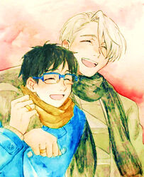  2boys ^_^ arm_around_shoulder bad_id bad_pixiv_id black_hair blue-framed_eyewear closed_eyes coat couple glasses jewelry katsuki_yuuri male_focus multiple_boys open_mouth ring scarf smile takeshi_(mononohu20) viktor_nikiforov white_hair yaoi yuri!!!_on_ice 