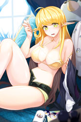  ahoge black_shorts blonde_hair blush bra breasts cleavage commentary_request cup denim denim_shorts elf female green_eyes highres holding holding_needle large_breasts long_hair looking_at_viewer navel needle off_shoulder open_fly photoshop_(medium) pointy_ears sewing shiny_skin short_shorts shorts sitting snowball22 solo strap_gap strap_slip swimsuit sword_girls tears treanna underwear unzipped yellow_bra 