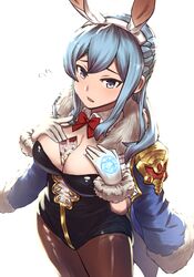  animal_ears bad_id bad_pixiv_id between_breasts blue_hair braid breasts brown_pantyhose dakunesu fake_animal_ears female flying_sweatdrops french_braid gloves granblue_fantasy highres large_breasts long_hair looking_at_viewer open_mouth pantyhose playboy_bunny rabbit_ears simple_background solo therese_(granblue_fantasy) vyrn_(granblue_fantasy) white_background white_gloves 