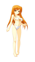  bare_arms bare_legs bare_shoulders barefoot beatmania_iidx bikini breasts cleavage collarbone female full_body highres kinoshita_ichi long_hair looking_at_viewer medium_breasts navel orange_hair smile solo standing stomach swimsuit toes umegiri_iroha white_background white_bikini yellow_eyes 