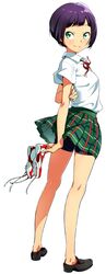  aqua_eyes araki_rena arms_behind_back bike_shorts bike_shorts_under_skirt black_shorts dress_shirt female full_body holding holding_shoes loafers long_legs plaid plaid_skirt pleated_skirt purple_hair red_legwear school_uniform shirt shoes short_hair short_sleeves shorts simple_background skirt smile sneakers solo tokyo_7th_sisters white_background wind wind_lift 