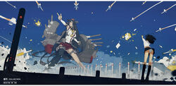  2girls :o arm_up ass battlefield black_hair black_legwear black_skirt blouse blue_sky breast_padding brown_hair cannon character_request cherry_blossoms clothes_lift cloud commentary_request contrail copyright_name dated day debris detached_sleeves dutch_angle explosion flower giant giantess hair_flower hair_ornament headgear holster kantai_collection kneehighs lan_se_fangying legs_apart long_hair machinery miniskirt motion_blur multiple_girls outdoors outstretched_arm panties pantyshot paper pleated_skirt pointing pole red_eyes red_skirt rope shirt single_thighhigh skirt skirt_lift sky smoke socks standing thigh_holster thigh_strap thighhighs turret underwear very_long_hair watermark web_address white_panties white_shirt wind wind_lift yamato_(kancolle) 