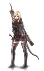  absurdres armor bad_id bad_pixiv_id black_gloves blonde_hair blue_eyes boots bow_(weapon) breastplate cloak commentary_request dagger dragon&#039;s_dogma dragon&#039;s_dogma_(series) elbow_gloves female full_body gloves highres knife lips long_hair over_shoulder parted_bangs pawn_(dragon&#039;s_dogma) pikoroo quiver reflective_floor solo thigh_boots thighhighs weapon weapon_over_shoulder white_background zettai_ryouiki 