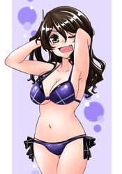  ;d adapted_costume arms_behind_head arms_up ashigara_(kancolle) bare_arms bare_shoulders bikini blush breasts brown_eyes brown_hair cleavage collarbone commentary_request cowboy_shot eyebrows female hair_between_eyes hair_lift hairband hands_in_hair kantai_collection legs_together long_hair looking_at_viewer medium_breasts oerba_yun_fang one_eye_closed open_mouth purple_bikini rikuo_(whace) side-tie_bikini_bottom smile solo standing swimsuit thigh_gap underboob white_hairband 