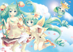  3girls alraune_(p&amp;d) aqua_eyes aqua_hair boots cloud commentary_request dress dryad_(p&amp;d) flower hoshino_(nia_hoshino) leaf long_hair looking_at_viewer mandrake_(p&amp;d) monster_girl multiple_girls open_mouth outstretched_arms photoshop_(medium) plant_girl puzzle_&amp;_dragons smile swing very_long_hair white_dress 